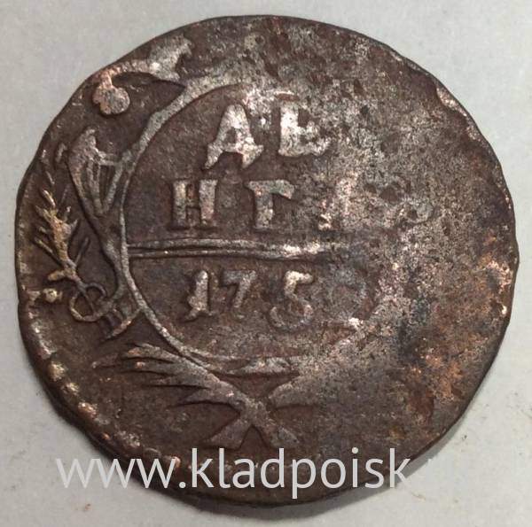 Монета 1 денга 1752 года, Российская Империя, Елизавета I