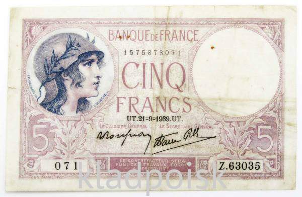 Банкнота 5 франков 1939 года Франция