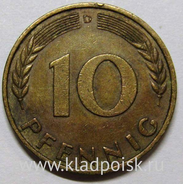 Монета 10 пфеннигов Германия 1968 (D)