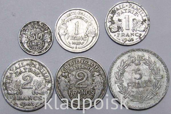 Набор из 6 регулярных монет Франции 1941-1959 года