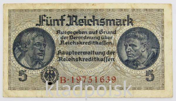Банкнота 5 рейхсмарок 1940-1945 гг - Немецкие оккупационные территории, арт 2