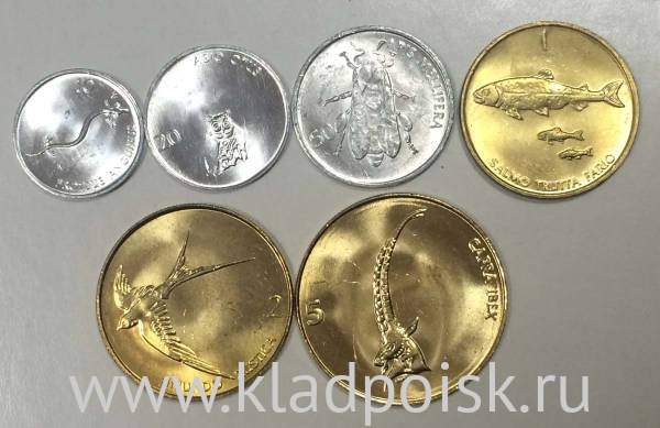 Набор регулярных монет Словении 1992-2001 гг., 6 монет