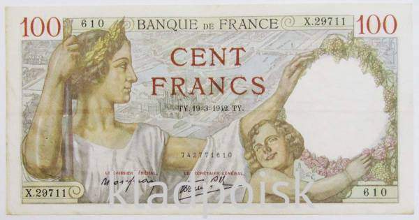Банкнота 100 франков 1942 года Франция