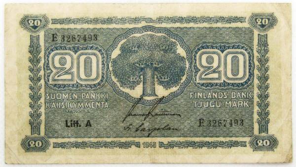 Банкнота 20 марок 1945 года Финляндия Банкнота 20 марок 1945 года Финляндия