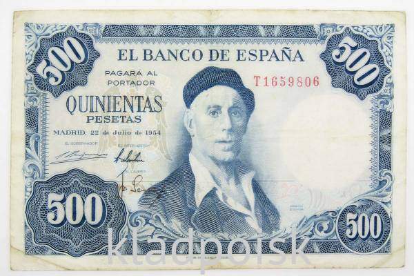 Банкнота 500 песет 1954 года Испания