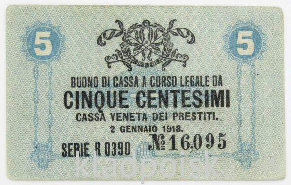 Банкнота 5 чентезимо 1918 года, Австро-Венгерская оккупация Венеции, Италия