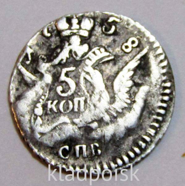 Монета 5 копеек 1758 г. СПБ. Российская Империя, Елизавета I. Орел в облаках, арт 2 Монета 5 копеек 1758 г. СПБ. Российская Империя, Елизавета I. Орел в облаках, арт 2
