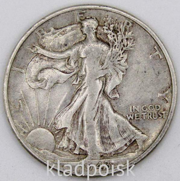 Монета 50 Центов США «Шагающая свобода» 1943 Серебро 900 пробы Монета 50 Центов США «Шагающая свобода» 1943 Серебро 900 пробы