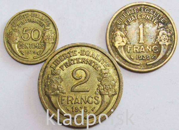 Набор из 3 регулярных монет Франции 1931-1947 года