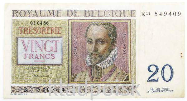 Банкнота 20 франков 1956 года Бельгия