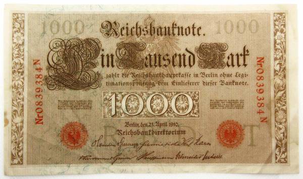 Банкнота 1000 марок 1910 года - Германия, арт 2 Банкнота 1000 марок 1910 года - Германия, арт 2
