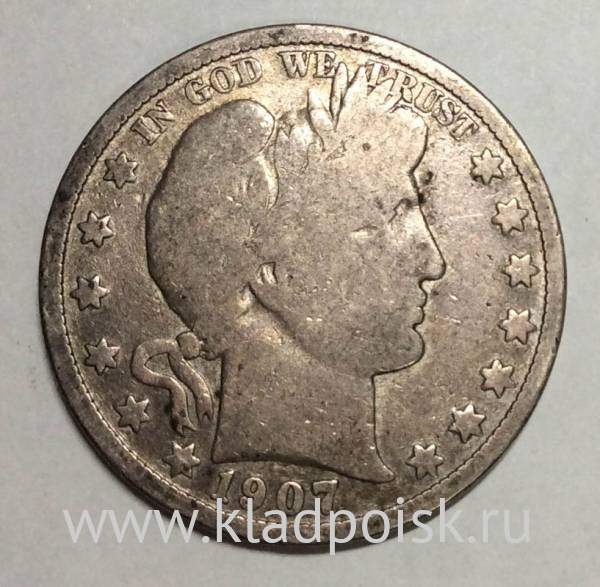 Монета 50 центов США 1907 года Барбер (Голова Свободы) Серебро 900 пр. Монета 50 центов США 1907 года Барбер (Голова Свободы) Серебро 900 пр.