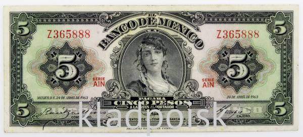 Банкнота 5 песо 1963 года Мексика Банкнота 5 песо 1963 года Мексика