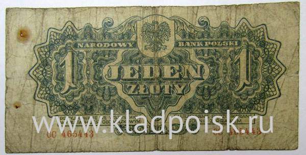 Банкнота 1 злотый 1944 года Польша