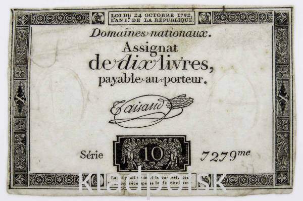 Банкнота 10 ливров 1792 года Франция
