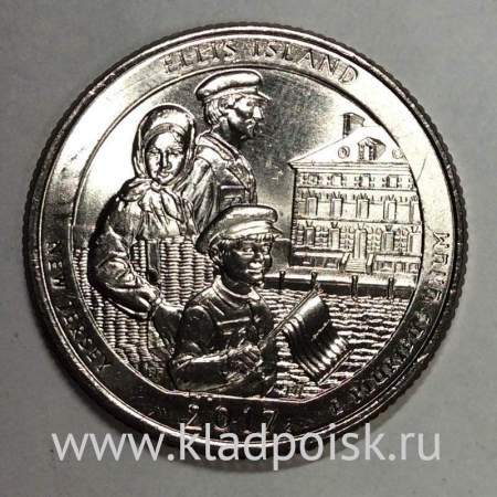 Монета 25 центов США Национальный монумент острова Эллис в Нью-Джерси (2017), монетный двор D