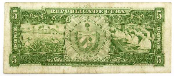 Банкнота 5 песо 1958 года Куба, арт 2