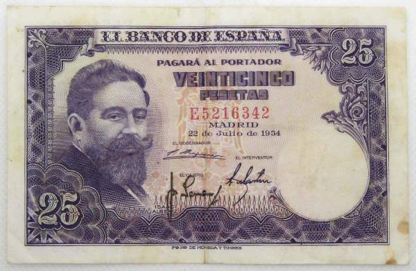 Банкнота 25 песет 1954 года Испания