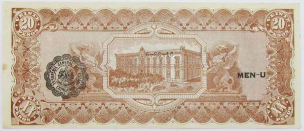 Банкнота 20 песо 1914 года. Чихуахуа Мексика