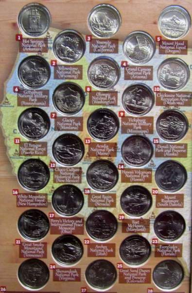Набор монет 25 центов США (квотеры) серии «Национальные парки США», 56 монет + альбом в подарок!