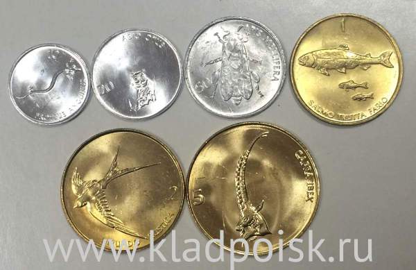 Набор регулярных монет Словении 1992-2001 гг., 6 монет