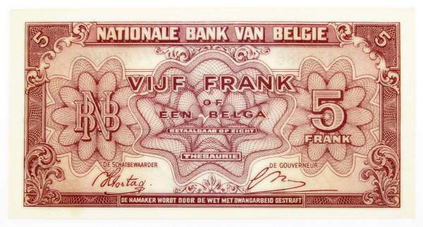 Банкнота 5 франков 1943 года Бельгия Банкнота 5 франков 1943 года Бельгия