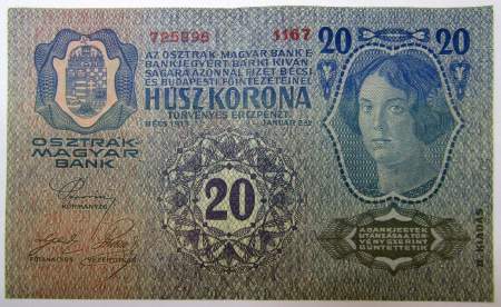 Банкнота 20 крон 1913 года Австрия, с надпечаткой, арт 3