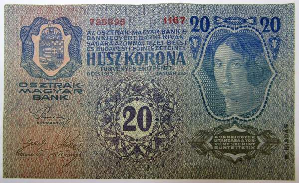Банкнота 20 крон 1913 года Австрия, с надпечаткой, арт 3