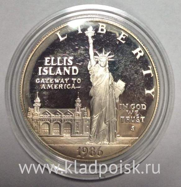 Монета 1 доллар США 1986 года, 100 лет Статуе Свободы, Серебро 900 пробы, пруф