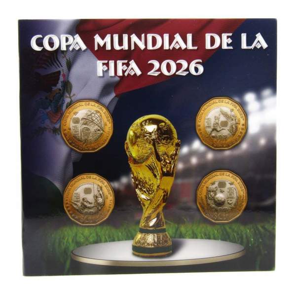 Набор памятных монет Мексики 20 песо 2026 года Чемпионат мира по футболу FIFA 2026, 4 монеты в альбоме Набор памятных монет Мексики 20 песо 2026 года Чемпионат мира по футболу FIFA 2026, 4 монеты в альбоме