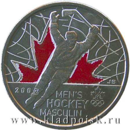 Монета 25 центов Канада, зимние Олимпийские Игры, Солт-Лейк-Сити 2002 – Мужской хоккей, цветная эмаль