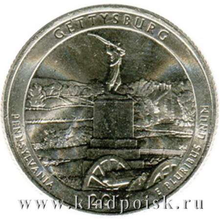 Монета 25 центов Национальный парк Геттисберг, монетный двор D