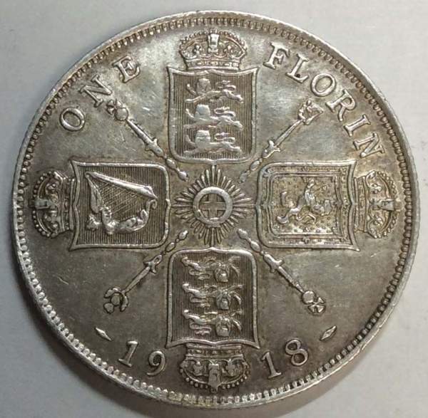 Монета флорин (2 шиллинга) 1918 года Великобритания Монета флорин (2 шиллинга) 1918 года Великобритания