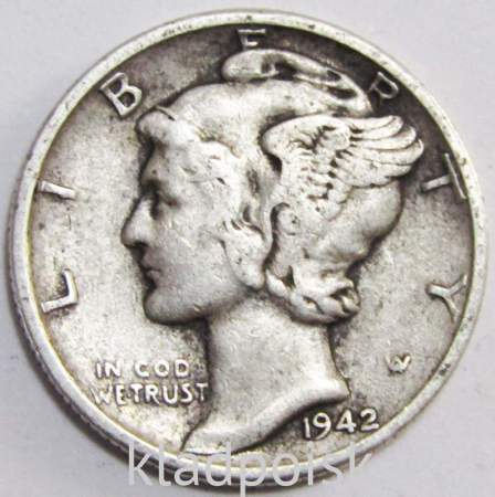 Монета 1 дайм (10 центов) США 1942 Серебро 900 пробы