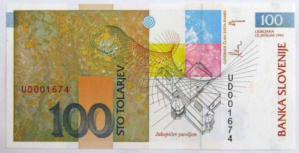 Банкнота 100 толаров 1992 года Словения Банкнота 100 толаров 1992 года Словения