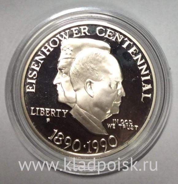 Монета 1 доллар США 1990 года, 100 лет со дня рождения Эйзенхауэра, Серебро 900 пробы, пруф Монета 1 доллар США 1990 года, 100 лет со дня рождения Эйзенхауэра, Серебро 900 пробы, пруф
