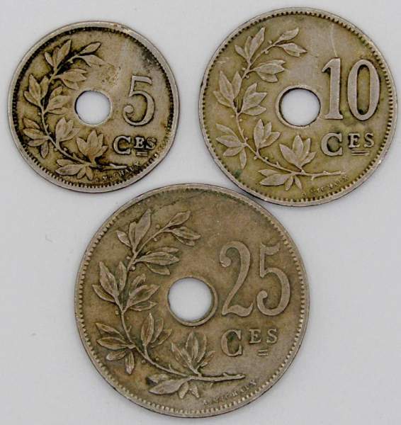 Набор монет Бельгии 1920-1930 гг., 3 монеты, ROYAUME DE BELGIQUE