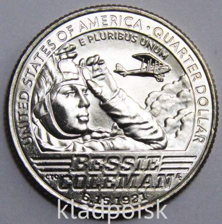 Монета 25 центов США Бесси Колман из серии «Американские женщины» (2023) D