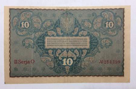 Банкнота 10 марок польских 1919 года Польша