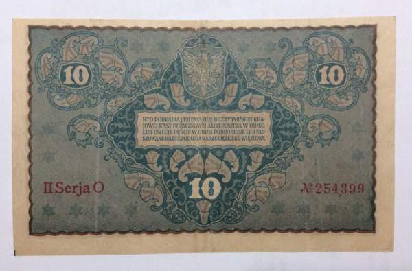 Банкнота 10 марок польских 1919 года Польша