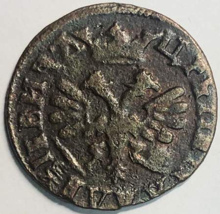 Монета полушка Российской Империи 1707 (Петр I)