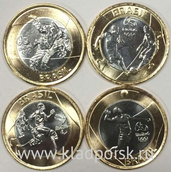 Набор монет Бразилия 1 реал Олимпиада 2016 г в Рио де Жанейро, 3 выпуск - Дзюдо, Футбол, Волейбол, Паралимпийская легкая атлетика, 2015 год Набор монет Бразилия 1 реал Олимпиада 2016 г в Рио де Жанейро, 3 выпуск - Дзюдо, Футбол, Волейбол, Паралимпийская легкая атлетика, 2015 год
