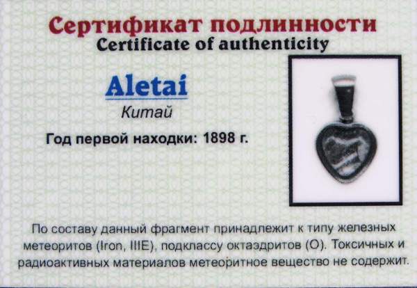 Кулон малый «Сердце» с метеоритом Aletai, арт 3 Кулон малый «Сердце» с метеоритом Aletai, арт 3