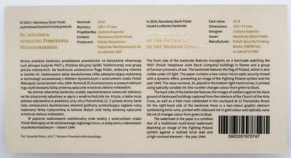 Памятная банкнота в оригинальном буклете 20 злотых 2024 года Польша, 80-летие Варшавского восстания