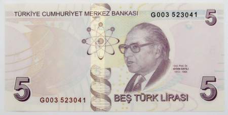 Банкнота 5 лир 2009 года - Турция, арт 2