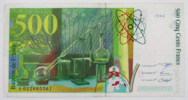 Банкнота 500 франков 1994 года Франция (Пьер и Мария Кюри) Банкнота 500 франков 1994 года Франция (Пьер и Мария Кюри)