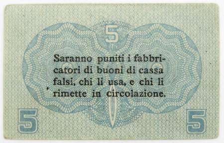 Банкнота 5 чентезимо 1918 года, Австро-Венгерская оккупация Венеции, Италия