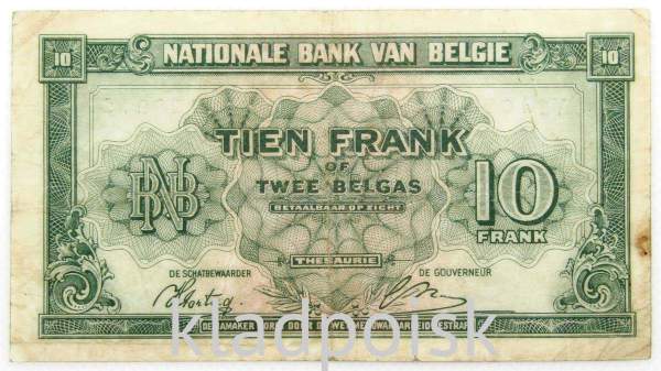 Банкнота 10 франков 1943 года Бельгия