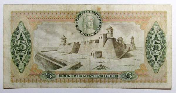 Банкнота 5 песо 1977 Колумбия
