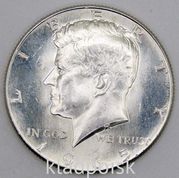 Монета  50 центов США «Кеннеди» 1965 года серебро 400 пробы